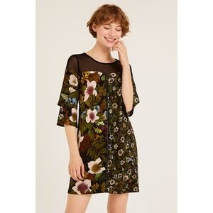 Desigual Morgana Floral Patchwork Dress Sze S Sheer Mesh Bell Sleeve Cottagecore